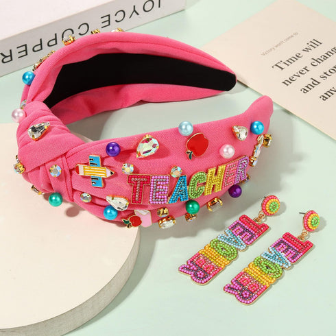 Teacher Headbands for Women, Beaded Pencil Knotted Headband with Crystal Rhinestones for Appreciation Gifts