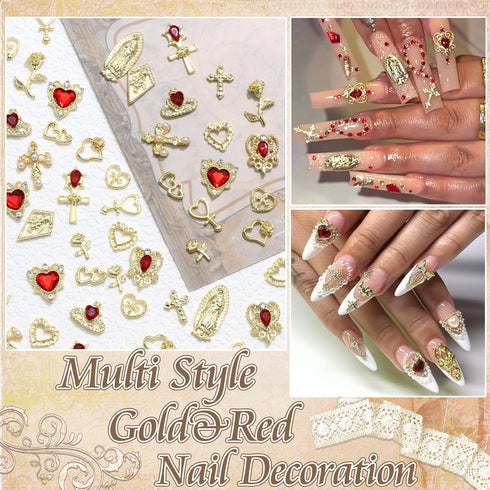 RODAKY 120PCS Gold Nail Charms, 3D Heart Crystal Rhinestone Rose Charms for Luxury Nail Decoration