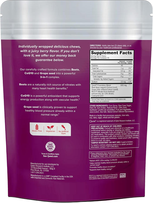 Qunol Beets Chews for Blood Pressure Support, 3 in 1 Beets + CoQ10 + Grape Seed Extract, 90 Chews