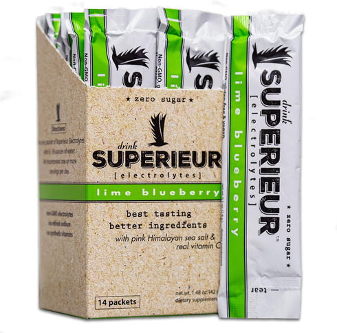 Superieur Electrolyte Powder Packets, Lime Blueberry, 14 Packets - Vegan and Keto Friendly