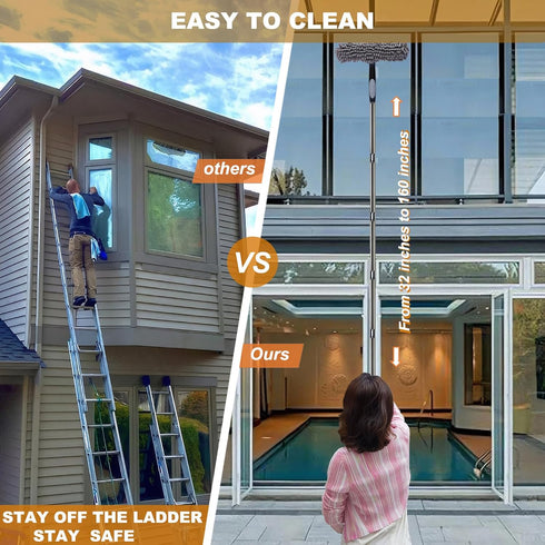 20+ Feet Reach 2 in 1 Window Washing Squeegee & Duster with 3-14 ft Splicable Extension Pole for Indoor & Outdoor