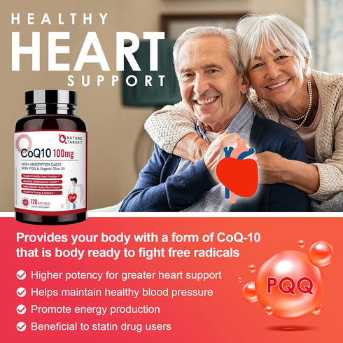 NATURE TARGET CoQ10-100mg-Softgels with 10mg PQQ - High Absorption Coenzyme-Q10 for Heart & Brain Health, 120 Servings