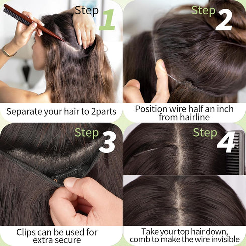 KooKaStyle 20 Inch Invisible Wire Hair Extensions with Adjustable Headband, 4 Secure Clips, Black Long Wavy Hairpiece