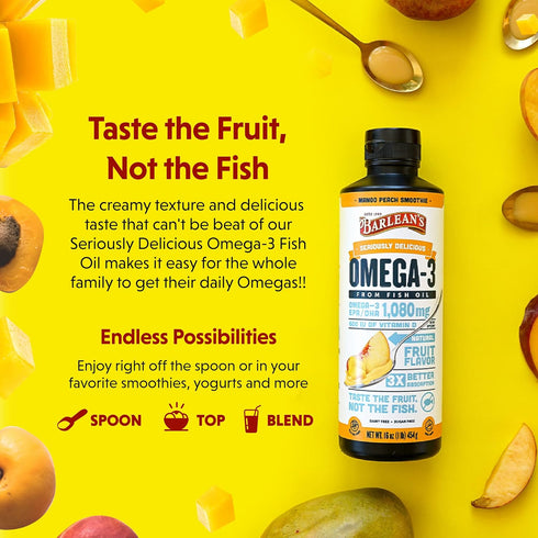 Barlean's Mango Peach Omega 3 Fish Oil Liquid Supplement, 16 oz, Smoothie Flavored