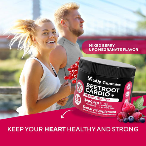 Cardio Beet Gummies 2600mg - Nitric Oxide Gummies with Beet Root, Grape Seed Extract, CoQ10, Vitamin C & B12, 60 Count