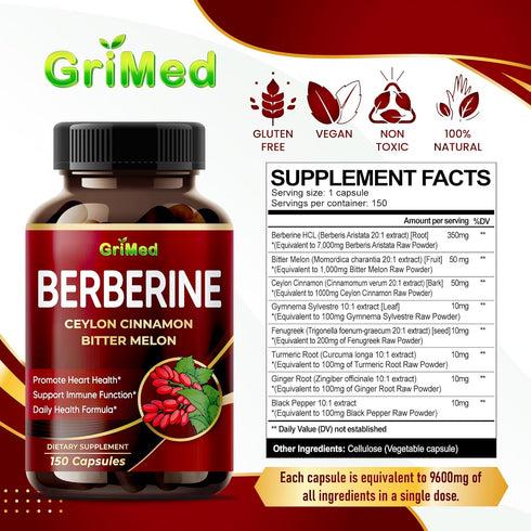 Berberine Supplement 9,500mg with Ceylon Cinnamon, Supports Healthy Immune System, Made in USA