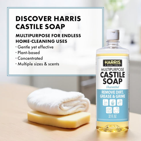 HARRIS 32 Oz Multi-Purpose Pure Liquid Castile Soap for Home Cleaning, Multi-Purpose Cleaner, For Dish Soap, Laundry