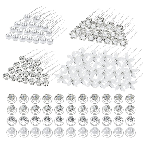 inSowni 128 Pack U-shaped Silver Pearl Flower Rhinestone Crystal Hair Pins + Spiral Twist Hair Clips for Brides, Women,