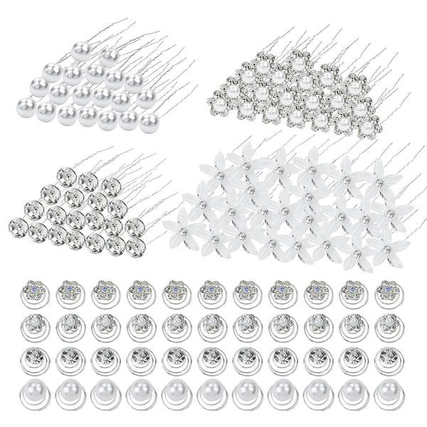inSowni 128 Pack U-shaped Silver Pearl Flower Rhinestone Crystal Hair Pins + Spiral Twist Hair Clips for Brides, Women,