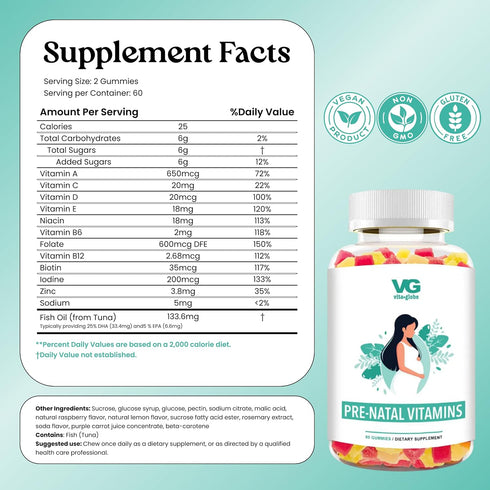 Gummy 60 Count D3, B12, Immune VITA Globe Prenatal Fish Oil Vitamins | Non-GMO Womens Multivitamin with DHA, Folate