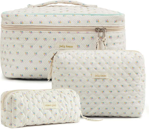 HBselect 3 PCS Quilted Makeup Bag, Large Travel Cotton Cosmetic Bag, Cute Floral Toiletry Bag for Women Girls