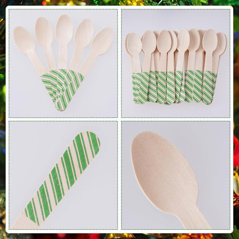 mifengda 120Pcs Christmas Disposable Wooden Spoons Green Stripe Wooden Spoons Striped Tasting Spoons Christmas Candy