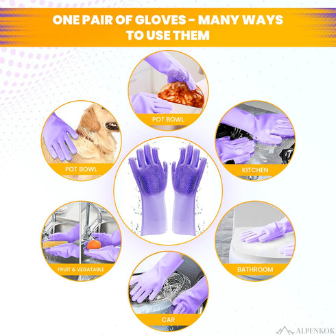 Silicone Dishwashing Gloves, Reusable Rubber Gloves for Cleaning, Kitchen Scrubber, 1 Pair, Purple