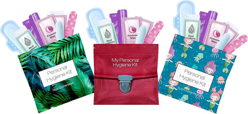 3 Menstrual All-in-One Kits - Assorted Colors, Convenience on The Go, Individually Wrapped Feminine Hygiene