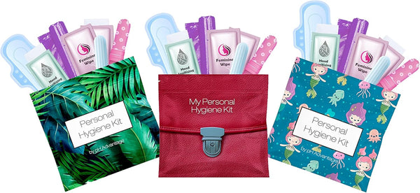 3 Menstrual All-in-One Kits - Assorted Colors, Convenience on The Go, Individually Wrapped Feminine Hygiene