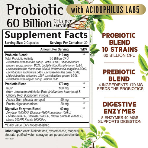 Probiotics 60 Billion CFU - 10 Probiotic Strains, Prebiotics, & Digestive Enzymes - Immune, Digestive & Gut Health - Supports Bowel Frequency & Regularity - Shelf Stable for Women & Men - 120ct