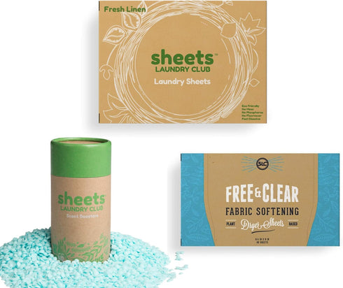 Sheets Laundry Club - All In One Laundry Kit.- Lightweight - Enjoy 50 Fast Dissolving Fresh Linen Laundry Sheets, 1-8oz Uncharted Waters Scent Booster Tube, 40 Plant Based Vitality Dryer Sheets