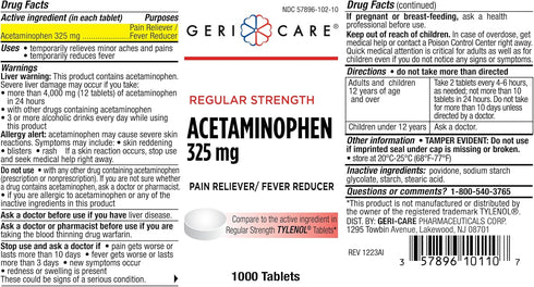 GeriCare Regular Strength Acetaminophen - Pain Relief Fever Reducer Tablets, 325mg Strength | Joint, Muscle, Arthritis,