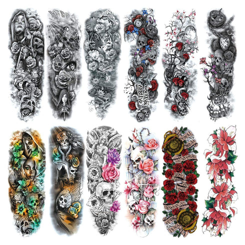 Pinone Full Arm Temporary Tattoo for Men and Women, 12 Sheets L19“xW7”