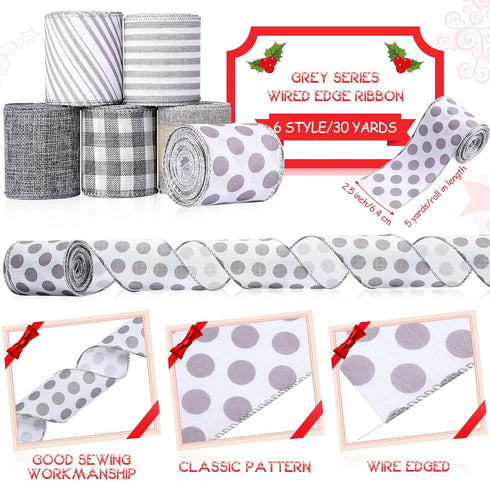 6 Rolls 30 Yards Farmhouse Wired Ribbon 2.5 Inch Candy Cane Striped Polka Dot Buffalo Plaid Craft Ribbon for Party