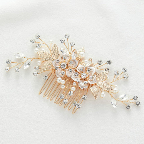 SWEETV Flower Bride Wedding Hair Comb - Pearl Bridal Hair Accessories, Crystal Jewelry Leaf Gold Headpiece
