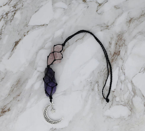 BOHO GARDEN Hanging Car Charm | 2-Pack Rose Quartz & Amethyst + Black Tourmaline & Blue Calcite