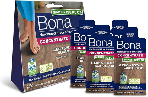 Bona Hardwood Floor Cleaner Concentrate, 1 fl oz - Unscented, Pack of 4 (Makes 128 fl oz) for Wood Floors