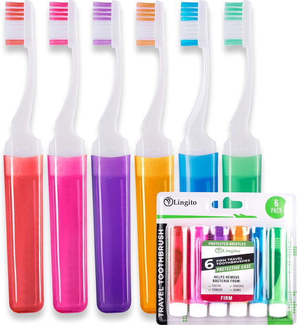 Lingito Mini Travel Toothbrushes, Firm with Cover, Portable Toothbrush Case, Adults Travel Toothbrush Kit (6 Pack)