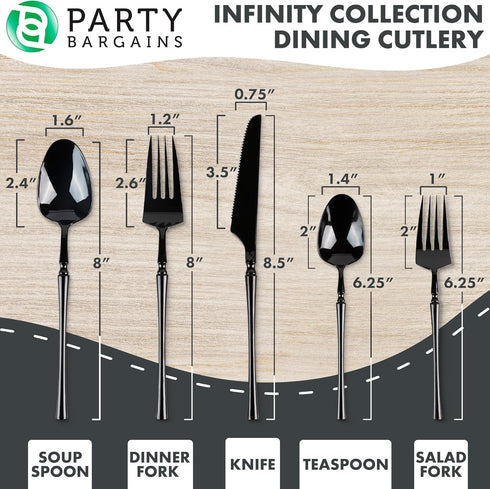 Party Bargains Disposable Plastic Black Cutlery Set, Infinity Modern Design Utensils, 40 Pack: 16 Forks, 8 Knives, 16 Spoons by PARTY BARGAINS