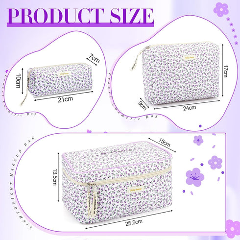 3 Pcs Quilted Makeup Bag Large Cosmetic Bag Floral Makeup Bag Travel Aesthetic Cute Kawaii Toiletry Cosmetic Pouch with Zipper for Women Gifts Home Bathroom(Flower)