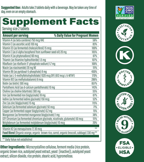 MegaFood Baby & Me 2 Prenatal Multi, Gluten-Free, Vegetarian, 60 Tablets, Prenatal Vitamins for Women