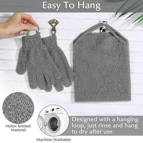 Anezus Exfoliating Back Scrubber Bath Gloves Set - Exfoliating Shower Towel with Gloves for Body Scrub (Grey)