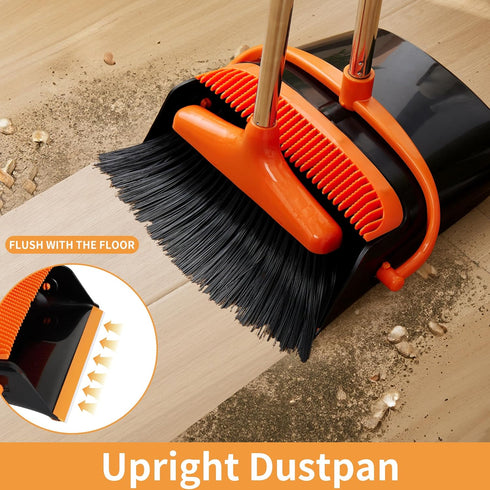 Broom and Dustpan Set Lightweight Upright Lobby Broom and Dust Pan Combo with Long Handle Outdoor Indoor for Home Kitchen Room Office (Orange and Black) by Ulodimi