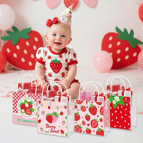 H1vojoxo Summer 24PCS 7.9x3.2x7.9 Inch Summer Fruit Gift Bags - Strawberry Clear PVC Gift Bags with Handle Fruit Theme