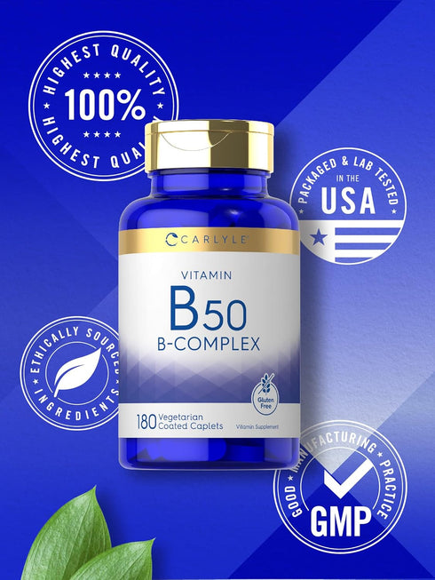 Carlyle Vitamin B50 Complex, 180 Caplets, Vegetarian, Non-GMO, Gluten Free