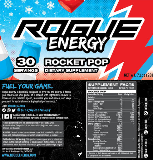 Rogue Energy Drink Powder for Long Gaming Hours, Sugar and Gluten Free, Caffeine and Vitamins, Rocket Pop, 30 Servings