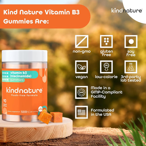 Kind Nature Vitamin B3 Gummies, 500mg Flush Free Niacinamide, Vegan, Non-GMO, 90 Chewable Gummies, 1 Month Supply