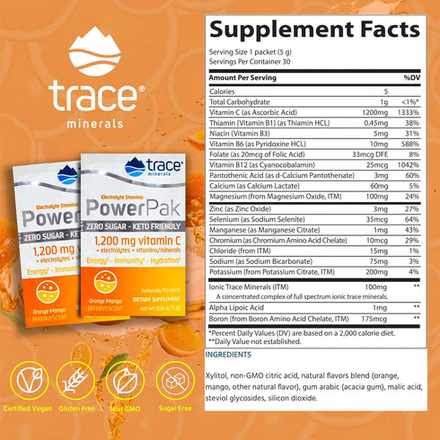 Trace Minerals Power Pak Sugar Free Electrolyte Powder, 30 Packets, Orange Mango, 1200 mg Vitamin C, Zinc, Magnesium