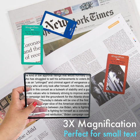 MagniPros Premium 3X (300%) Page Magnifying Lens with 3 Bonus Bookmark Magnifiers for Low Vision Aids