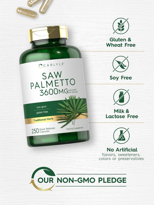 Carlyle Saw Palmetto Extract, 3600mg, 250 Capsules, Non-GMO Gluten Free Formula from Saw Palmetto Berries