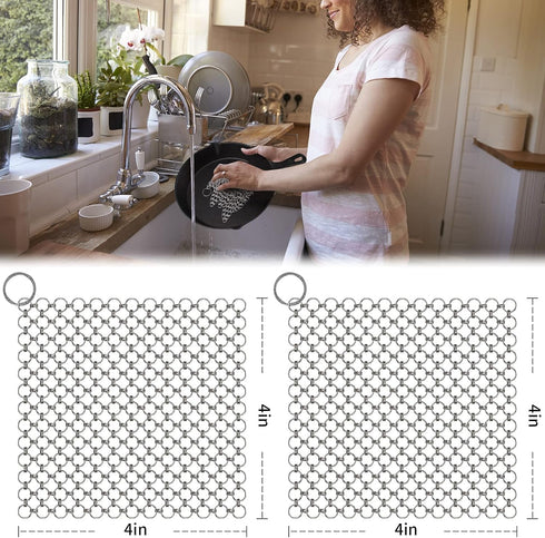 2Pack Cast Iron Scrubber - Stainless Steel Chain Mail Scrubber for Dutch Oven, Carbon Steel Wok, Grill Pan Cleaning Tool
