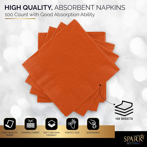 100 Pack Orange Beverage Napkins, 2 Ply Big Party Pack, Ideal for Wedding, Party, Birthday, Dinner, Lunch, Cocktails