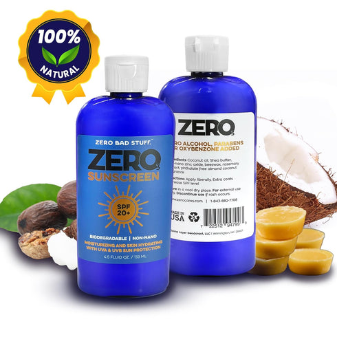 ZERO Natural Sunscreen SPF 20, UVA/UVB Sunblock for Sport and Daily Active Use, Coral-Reef Friendly Sun Lotion, Made with 100% Natural Ingredients -Coconut Oil, Shea Butter, Zinc Oxide, Beeswax, 4.5oz