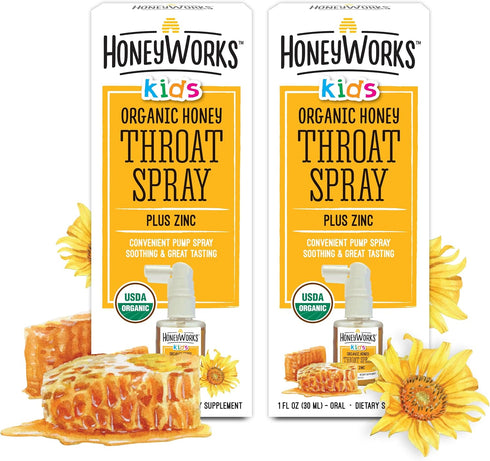 HoneyWorks Kids Soothing Throat Spray with Non-GMO USDA Organic Dark Honey + Zinc, 1oz, Pack of 2 for Dry, Itchy Throat