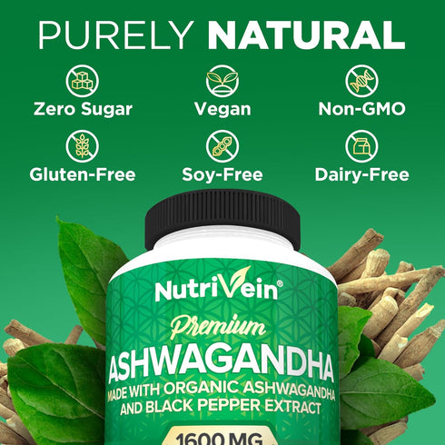 Nutrivein Organic Ashwagandha Capsules 1600mg with Black Pepper Extract - 120 Vegan Pills for Stress Relief & Immune