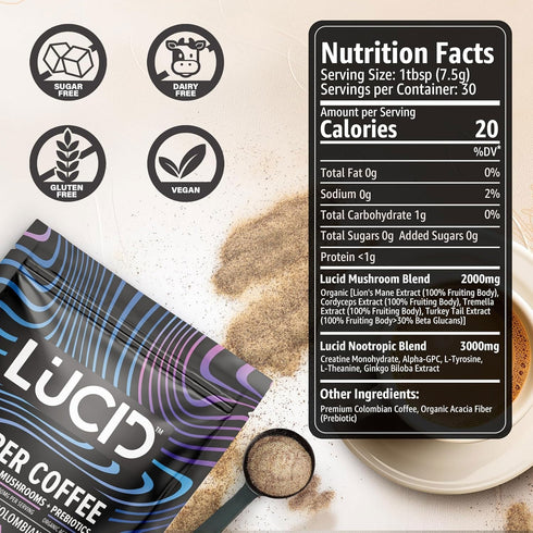 Lucid Superfood Organic Mushroom Coffee with Nootropics - Lion's Mane, Tremella, Cordyceps & Turkey Tail - Instant