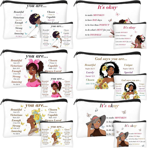 12 Pcs African American Makeup Bag, Black Women Cosmetic Bags, Inspirational Gift Bags for Girl, Classic