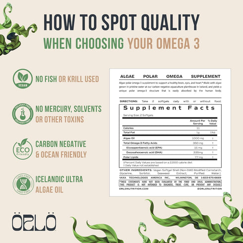 Orlo DHA - Vegan Triple Strength Omega 3 Supplement - Plant Based DHA & EPA Algae Oil, 60 Mini Softgels