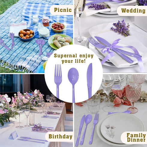 150 Piece Purple Plastic Silverware Set, Includes 50 Forks, 50 Spoons, and 50 Knives for Party Decorations