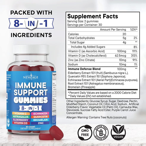 8 in 1 Immune Support Booster Supplement with Astragalus Root, Vitamin C and Zinc 50mg, Vitamin D 5000 IU, Turmeric Curcumin & Ginger, B6, Elderberry (8 in 1 Gummies (Pack of 2))